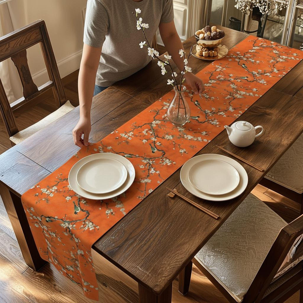 Chinoiserie Table Runner:  Burnt Orange with White Blossoms and Birds for Asian-Inspired Decor