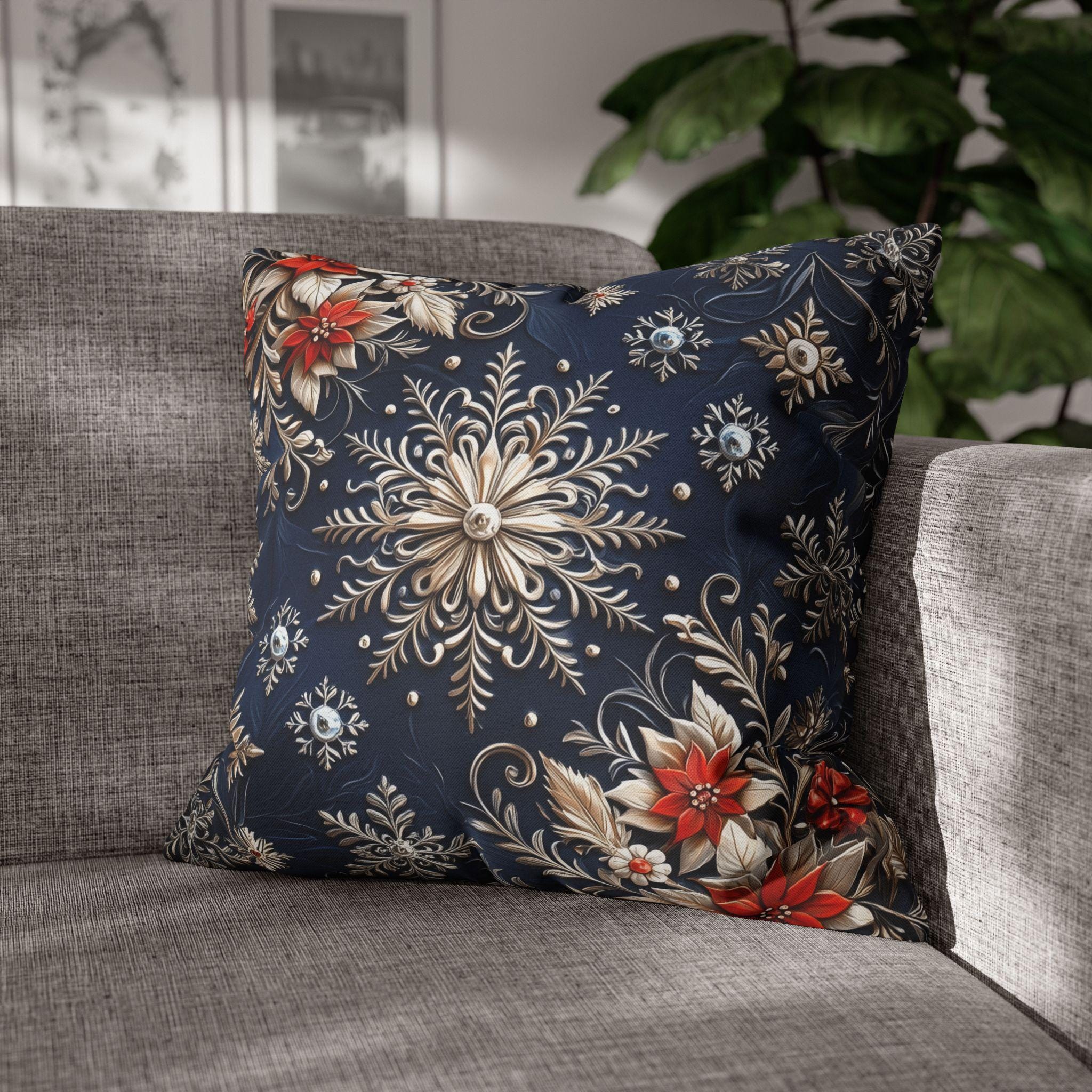 Snowflake Holiday Pillowcase, Silver, Gold  & Blue Christmas Decorative Throw Cushion Cover