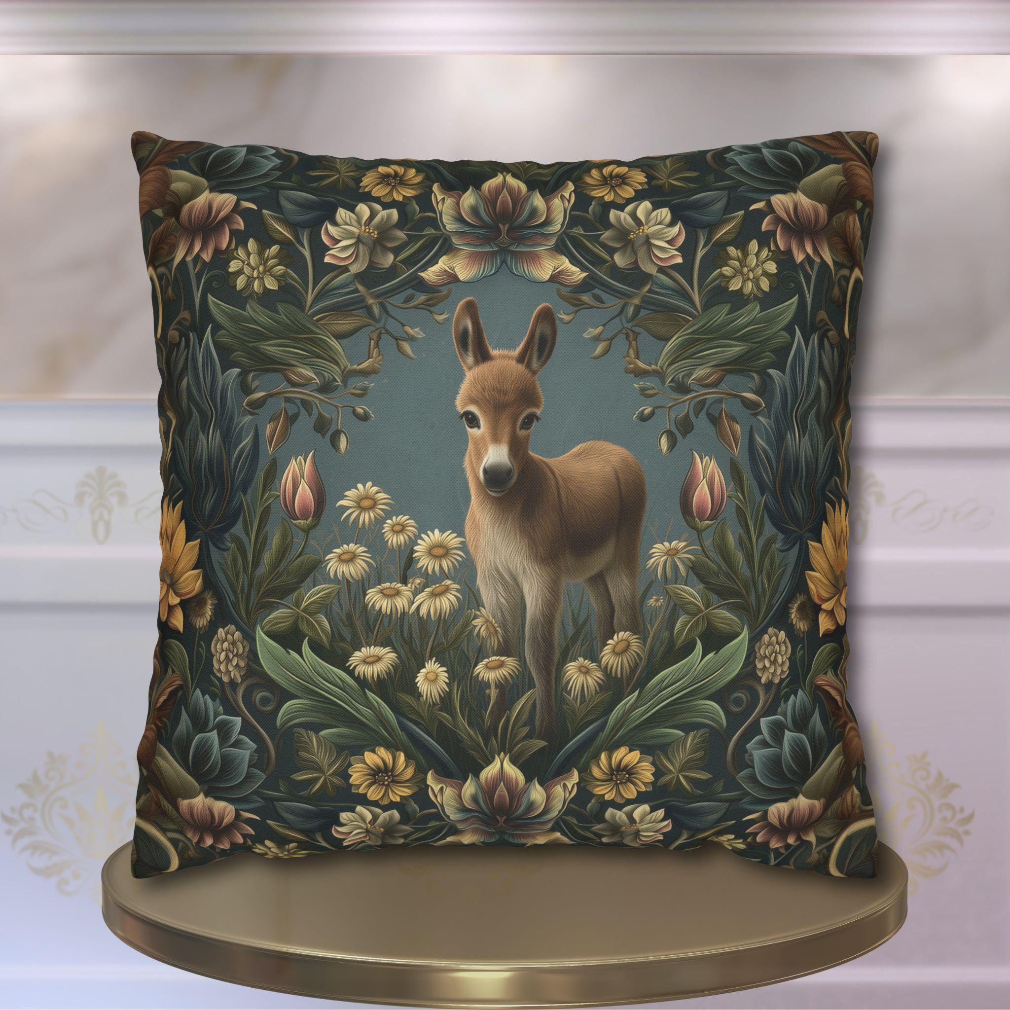 Donkey Pillow Cover:  William Morris Inspired Botanical Daisies Meadow