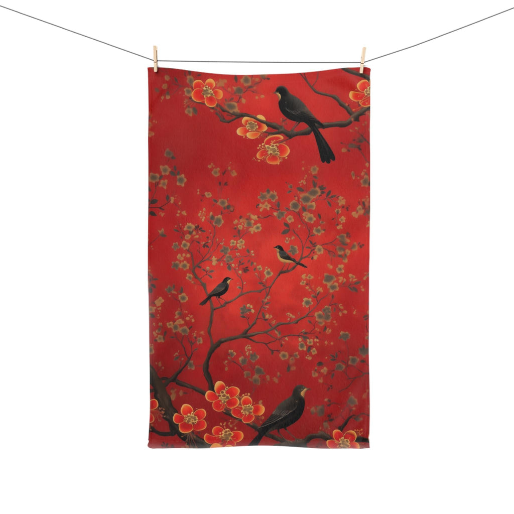 Chinoiserie Hand Towel: Red Floral Bird Art, Asian Decor