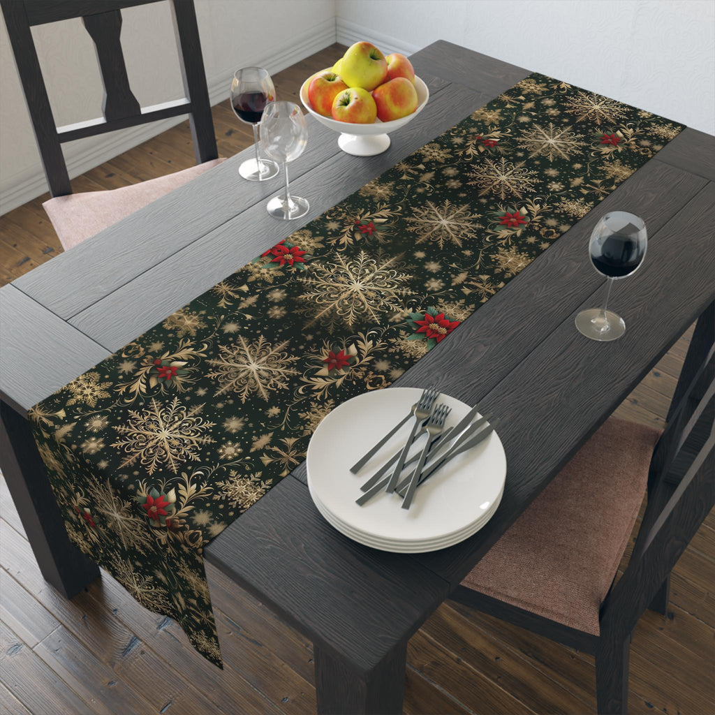 Emerald Christmas Table Runner: Elegant Gold Snowflake and Poinsettia Design for Festive Dining Decor