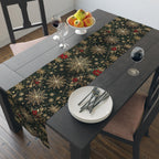 Emerald Christmas Table Runner: Elegant Gold Snowflake and Poinsettia Design for Festive Dining Decor