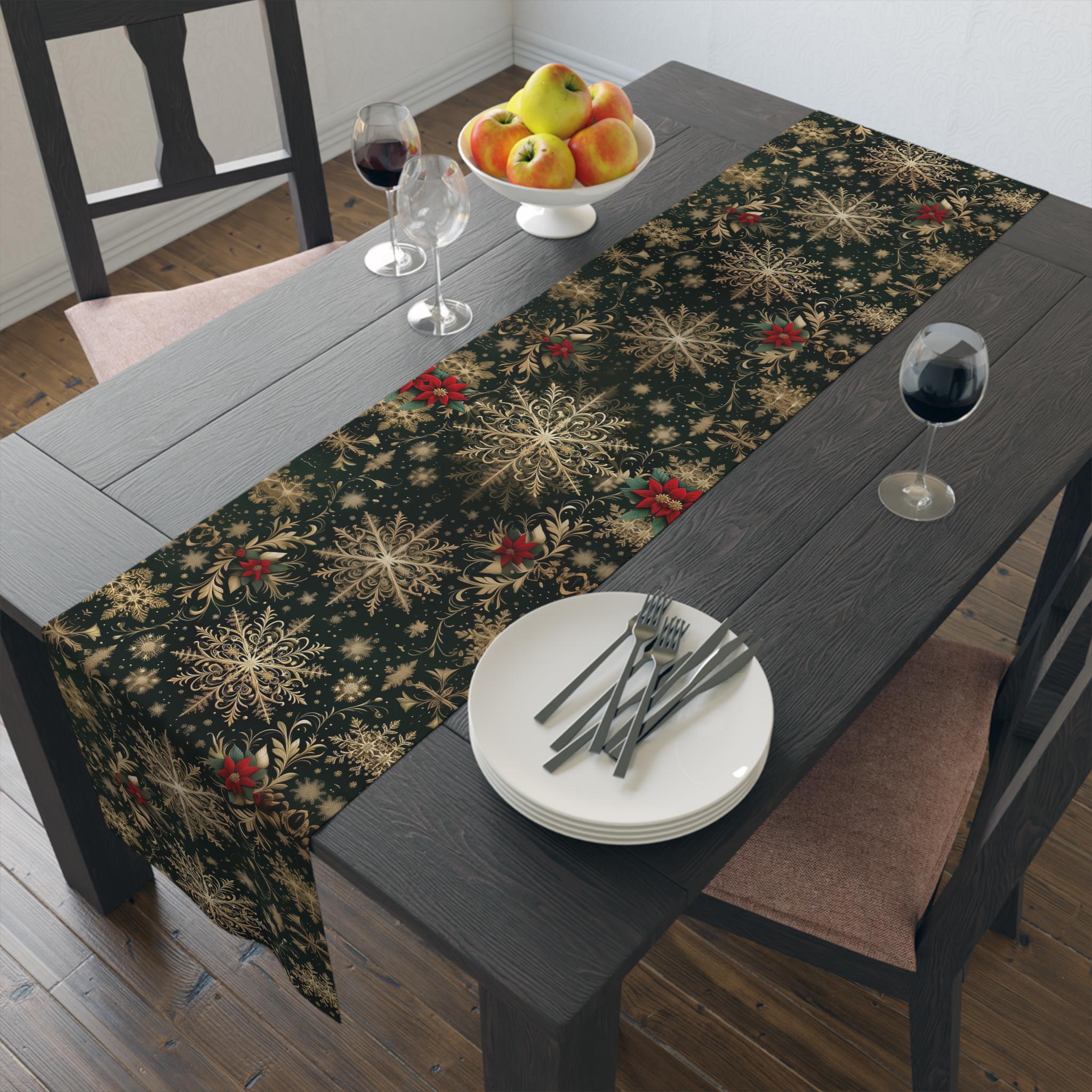 Emerald Christmas Table Runner: Elegant Gold Snowflake and Poinsettia Design for Festive Dining Decor
