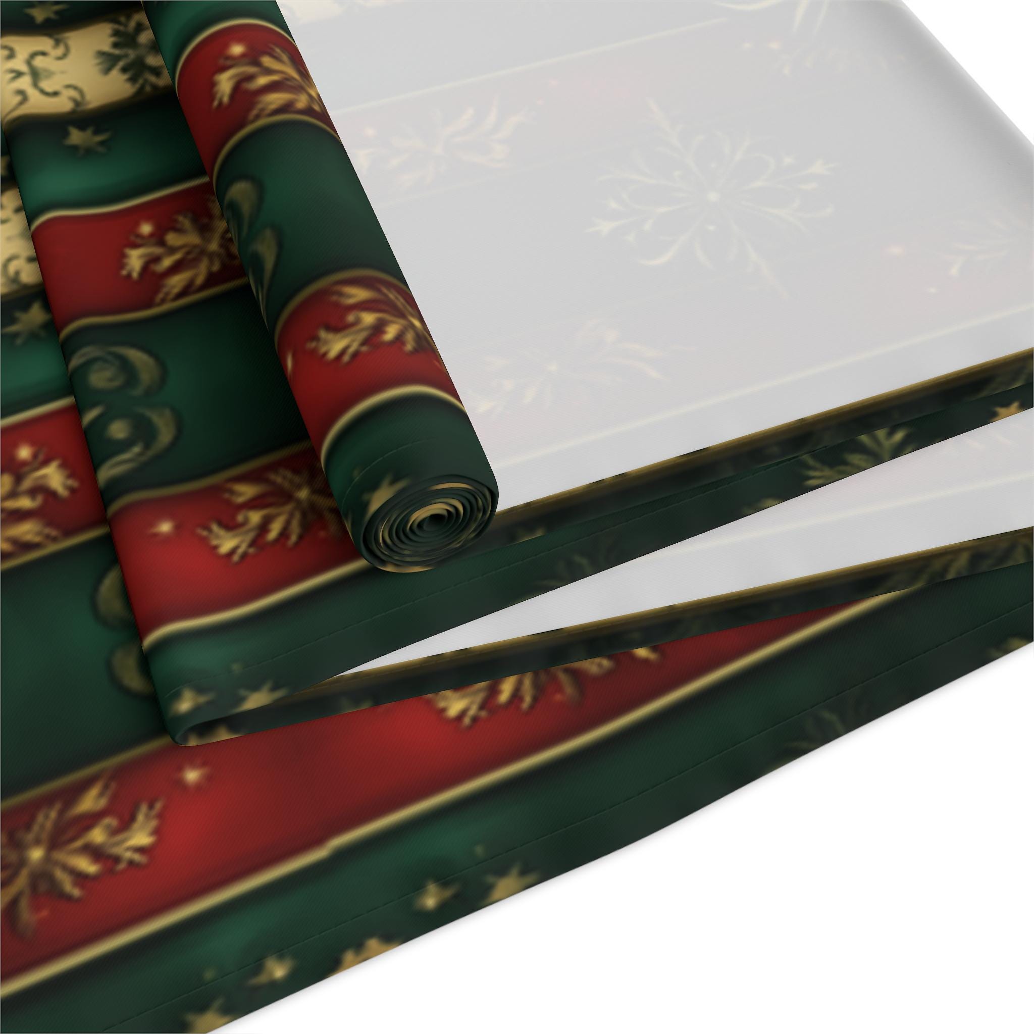 Elegant Christmas Table Runner: Green Red and Gold Snowflake Design