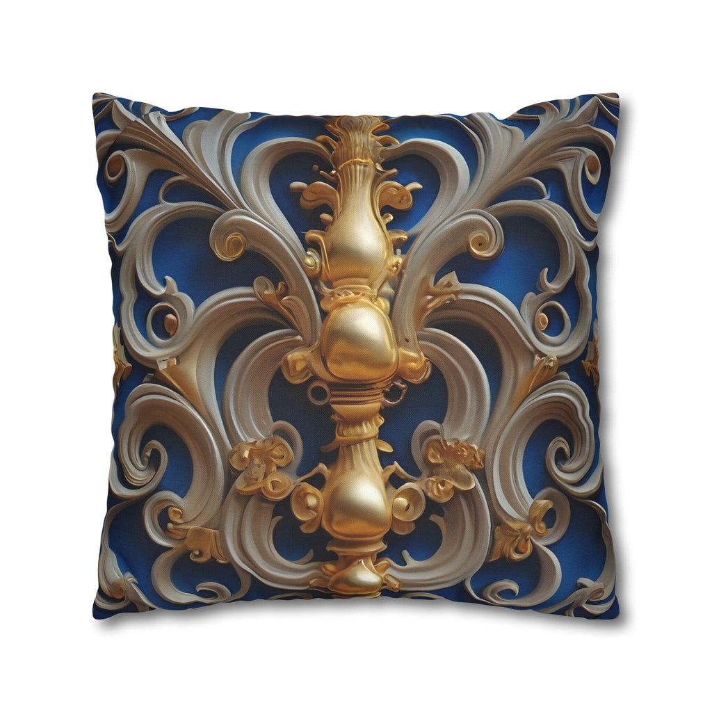 Opulent Baroque-Inspired Blue & Gold Throw Pillow Cover: Luxurious Ornate Symmetrical Design Cushion