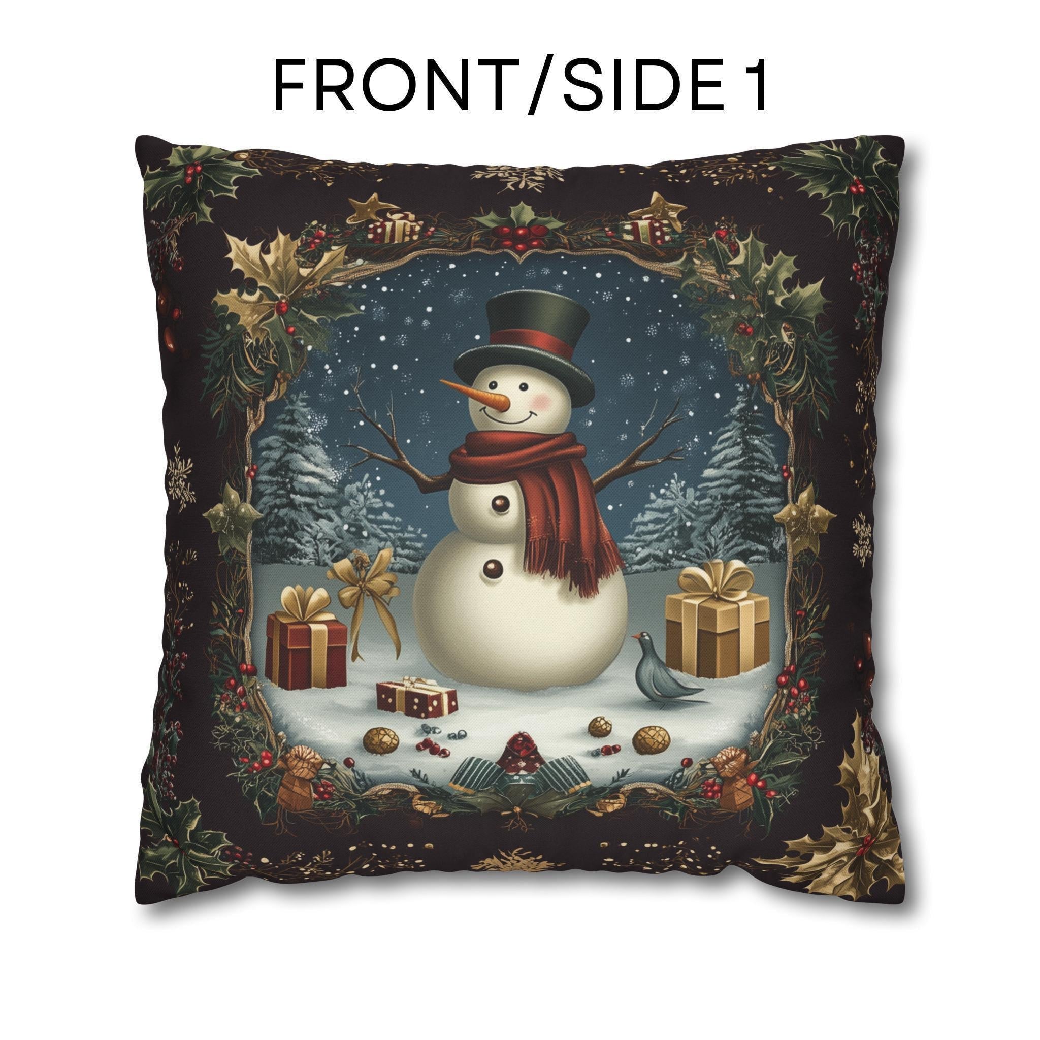 Vintage Style Holiday Pillow Cover: Burgundy and Gold Christmas Snowman Design