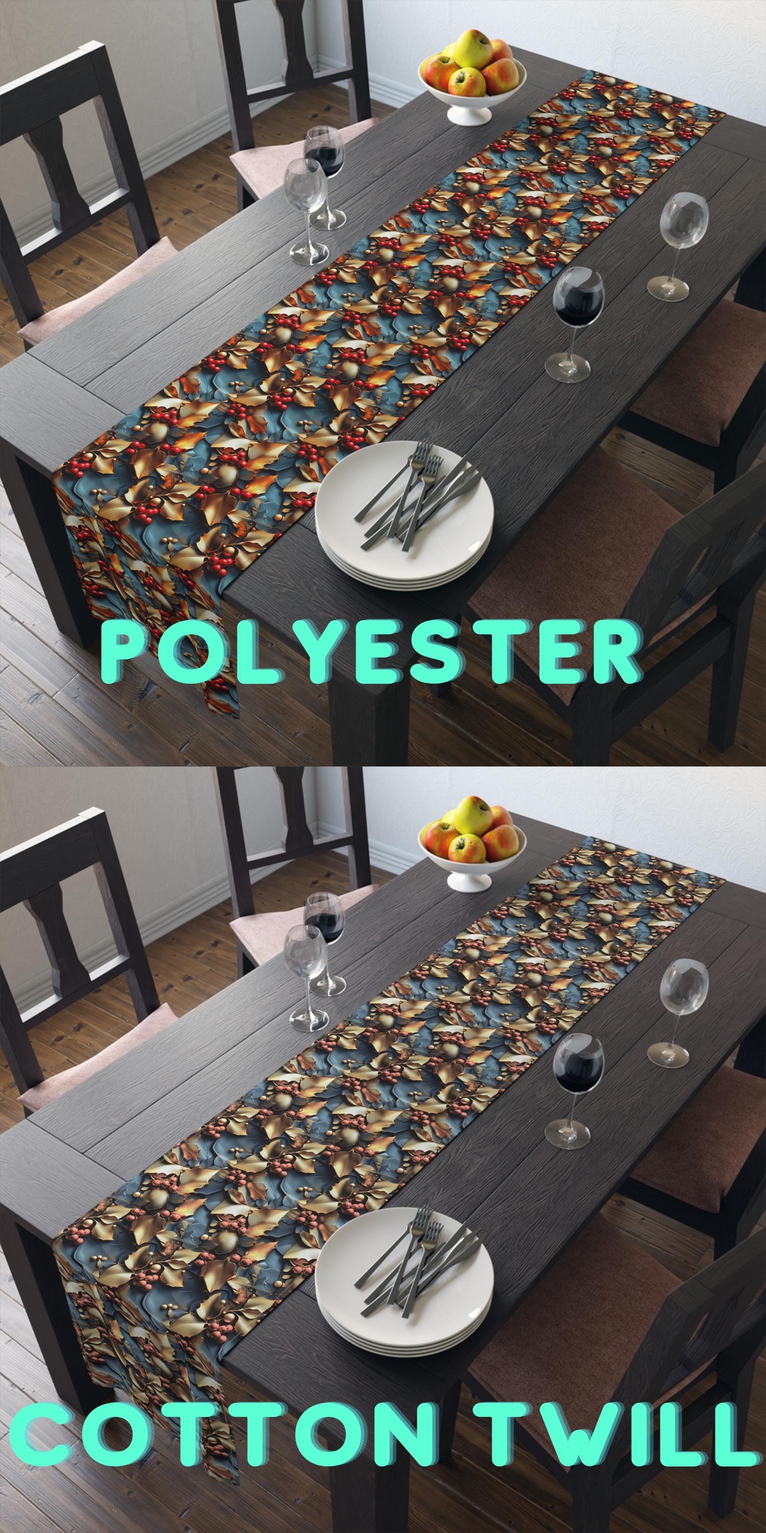 Christmas Holly Table Runner, Teal Red Berry Gold Leaf Design