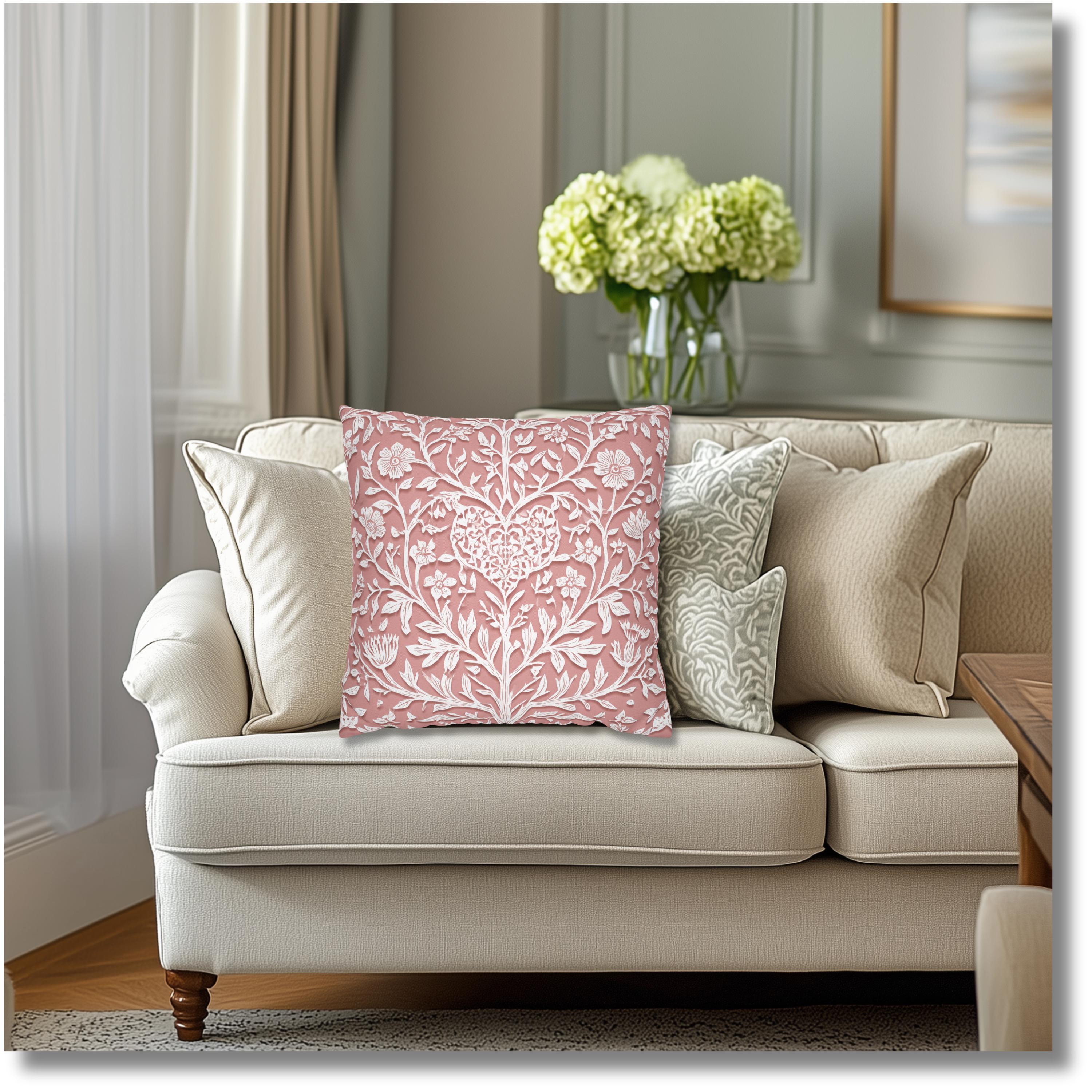 William Morris Inspired Heart & Blooms Pillow Cover: Faux Lace Botanical Design