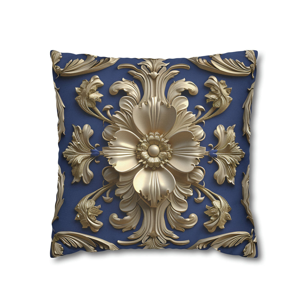 Luxurious Baroque Floral Pillow Cover: Deep Blue with Pale Gold Symmetrical Design