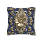 Luxurious Baroque Floral Pillow Cover: Deep Blue with Pale Gold Symmetrical Design