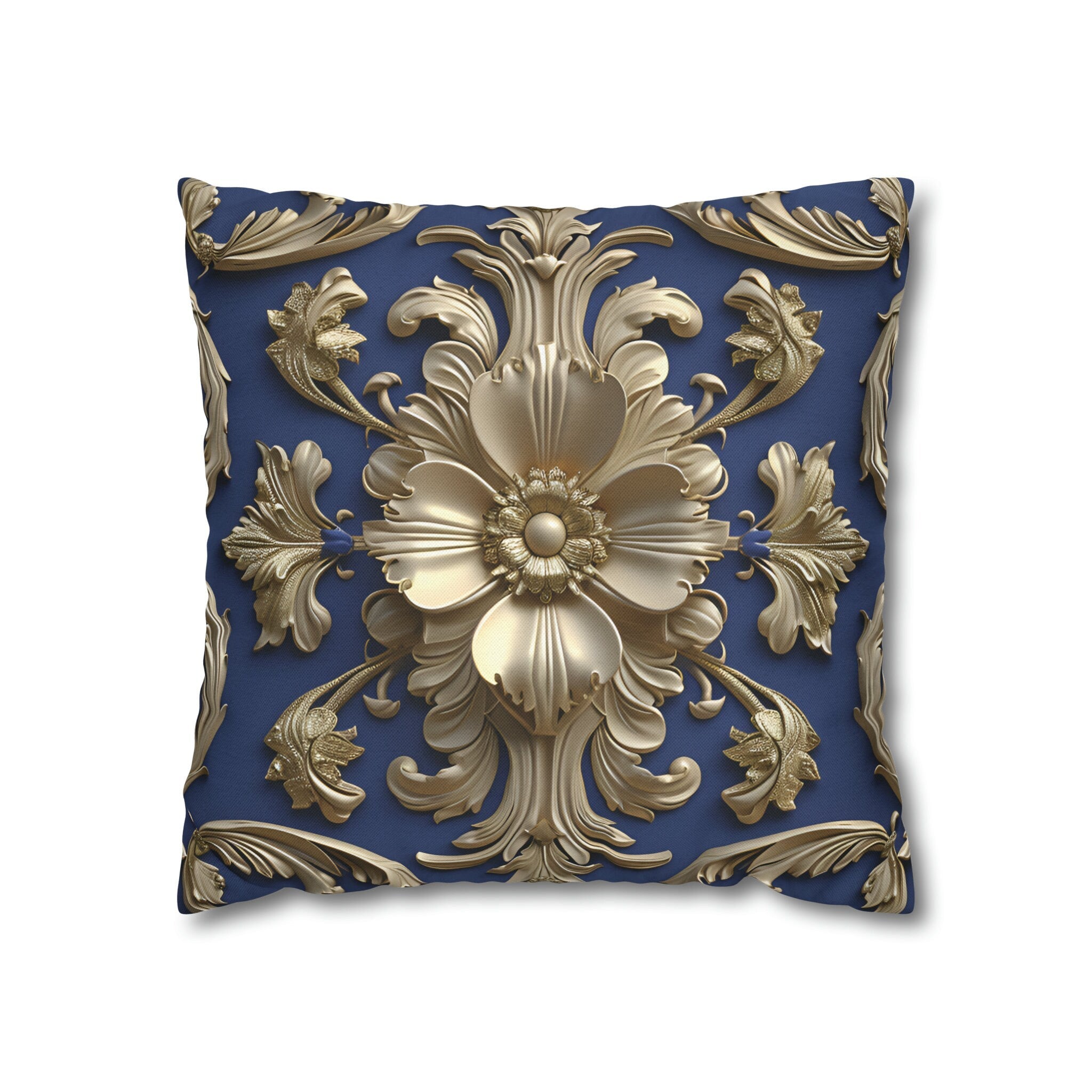 Luxurious Baroque Floral Pillow Cover: Deep Blue with Pale Gold Symmetrical Design