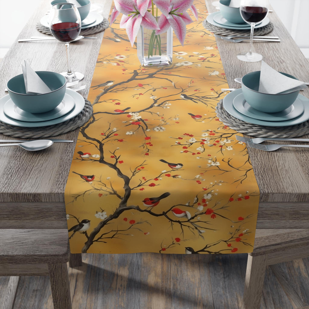 Chinoiserie Table Runner: Gold, Red Blossoms & Birds - Asian Decor
