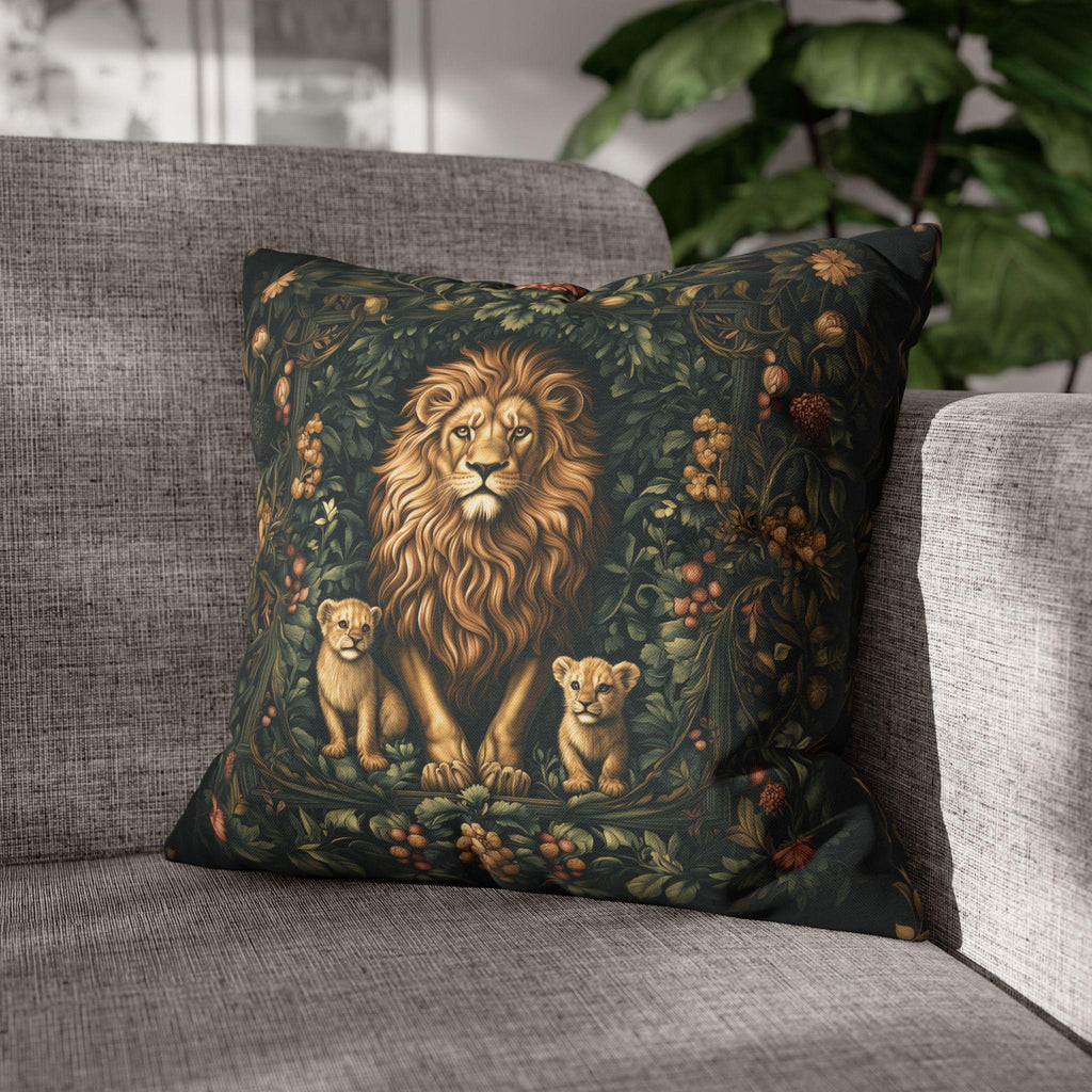 Regal Lion Pillow Cover: William Morris Inspired Botanical Cushion with Jungle Motif