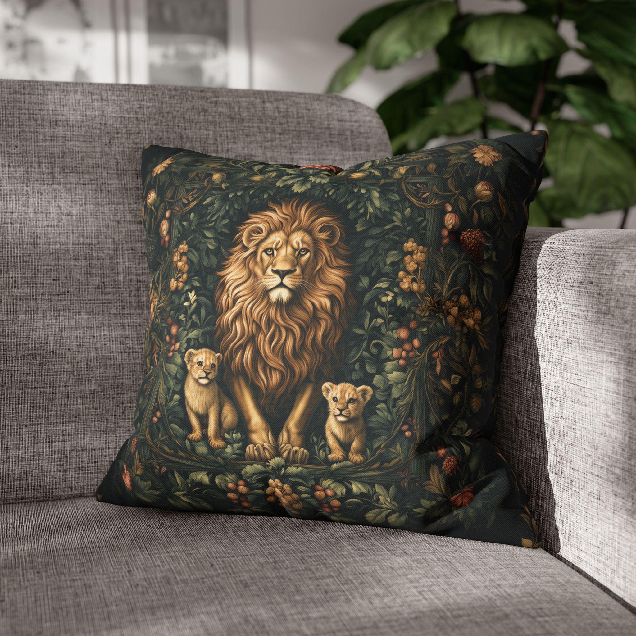 Regal Lion Pillow Cover: William Morris Inspired Botanical Cushion with Jungle Motif