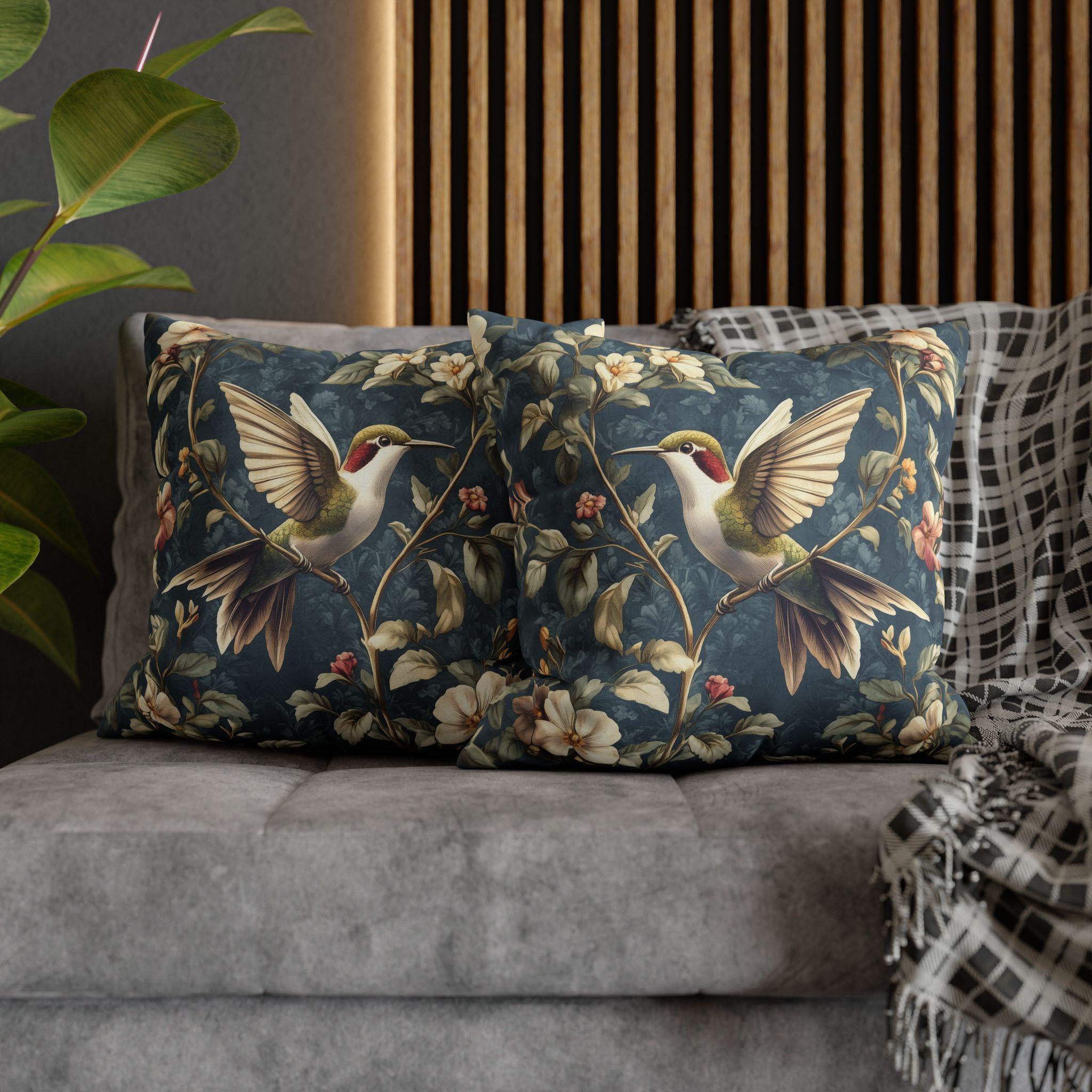 William Morris Inspired Hummingbird Pillow Cover: Vintage Floral Design with Botanical Elegance