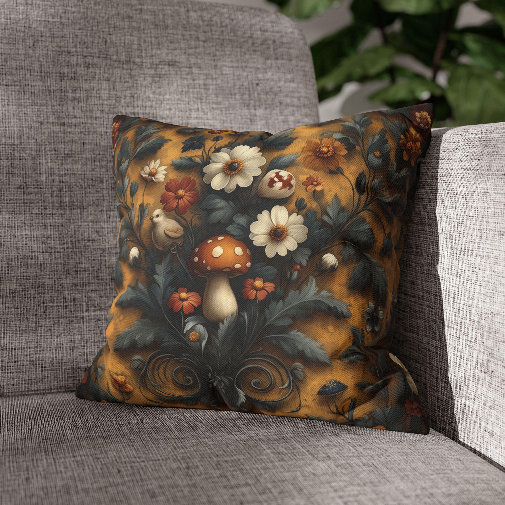 William Morris Inspired Woodland Mushroom Pillow Cover: Autumn Floral Art on Gold Background