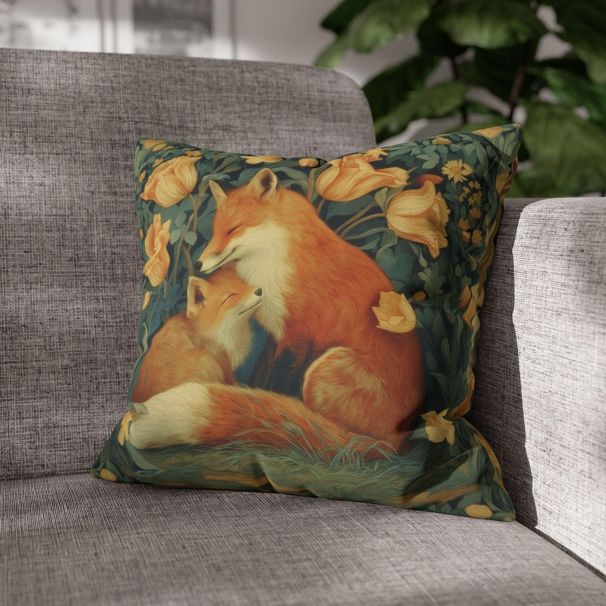 Mother's Bond Fox Pillow Cover: William Morris Inspired Woodland Botanical