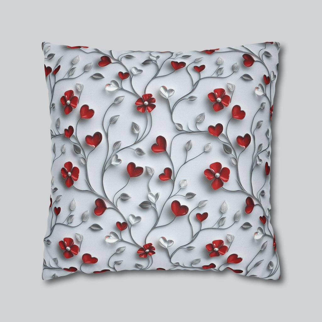 Red Floral Heart Pillow Cover: Romantic Silver Vine Design