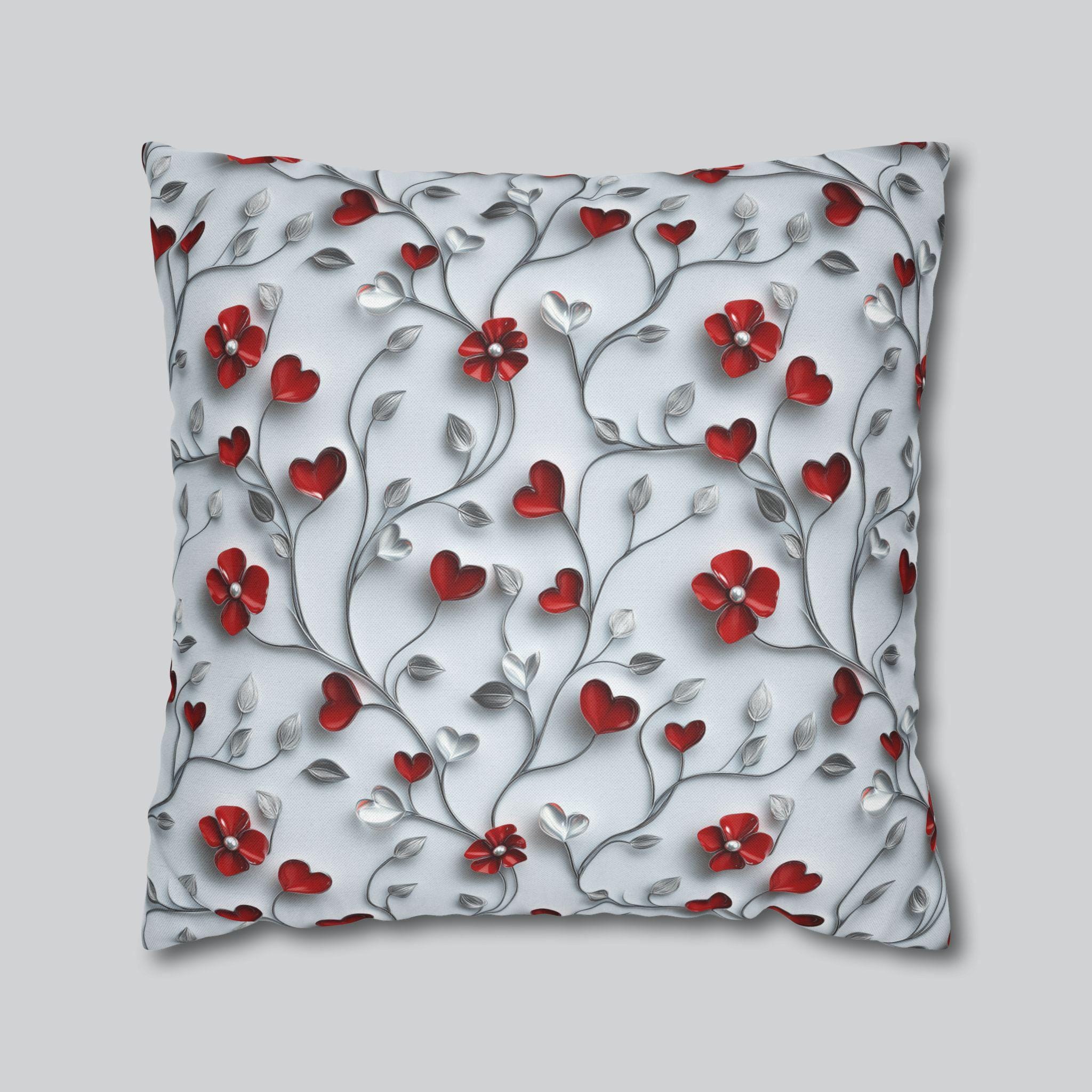 Red Floral Heart Pillow Cover: Romantic Silver Vine Design