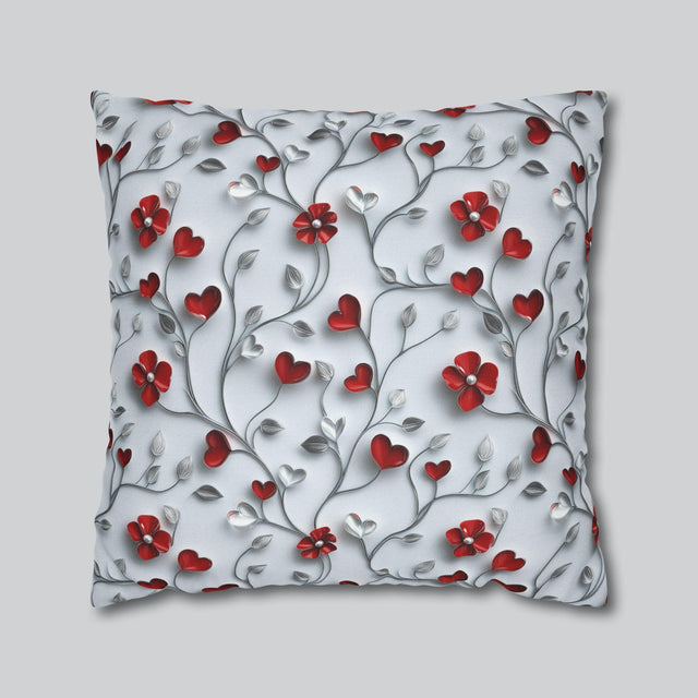 Red Floral Heart Pillow Cover: Romantic Silver Vine Design
