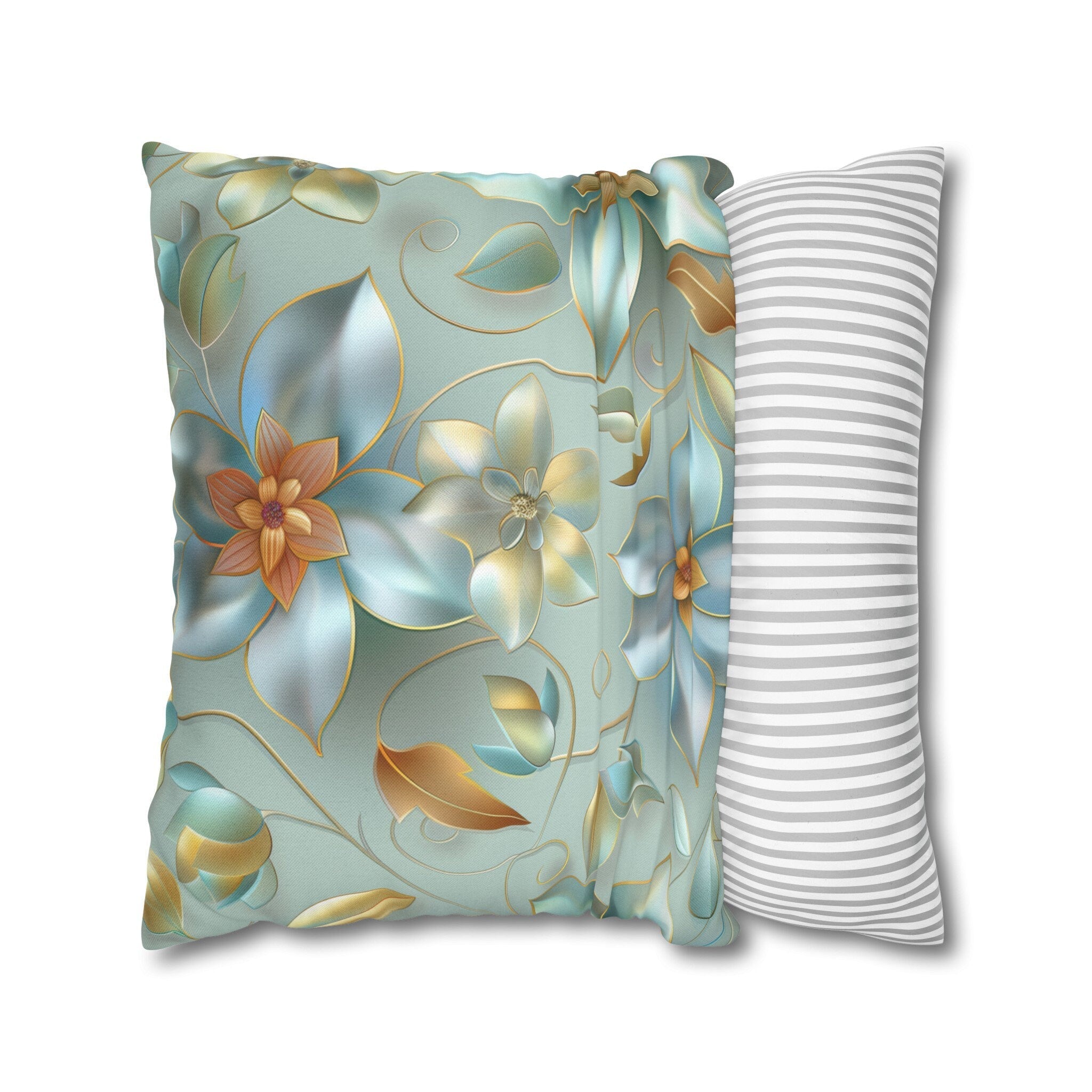 Floral Pillow Cover: Muted Teal Blue, Gold Magnolia Design