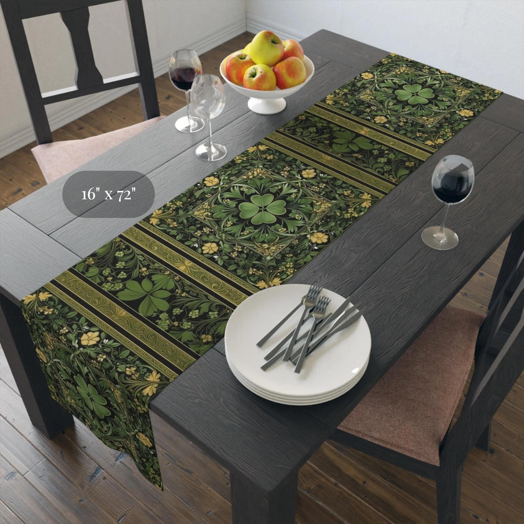 Celtic Clover Botanical Table Runner: William Morris Inspired Green Tapestry
