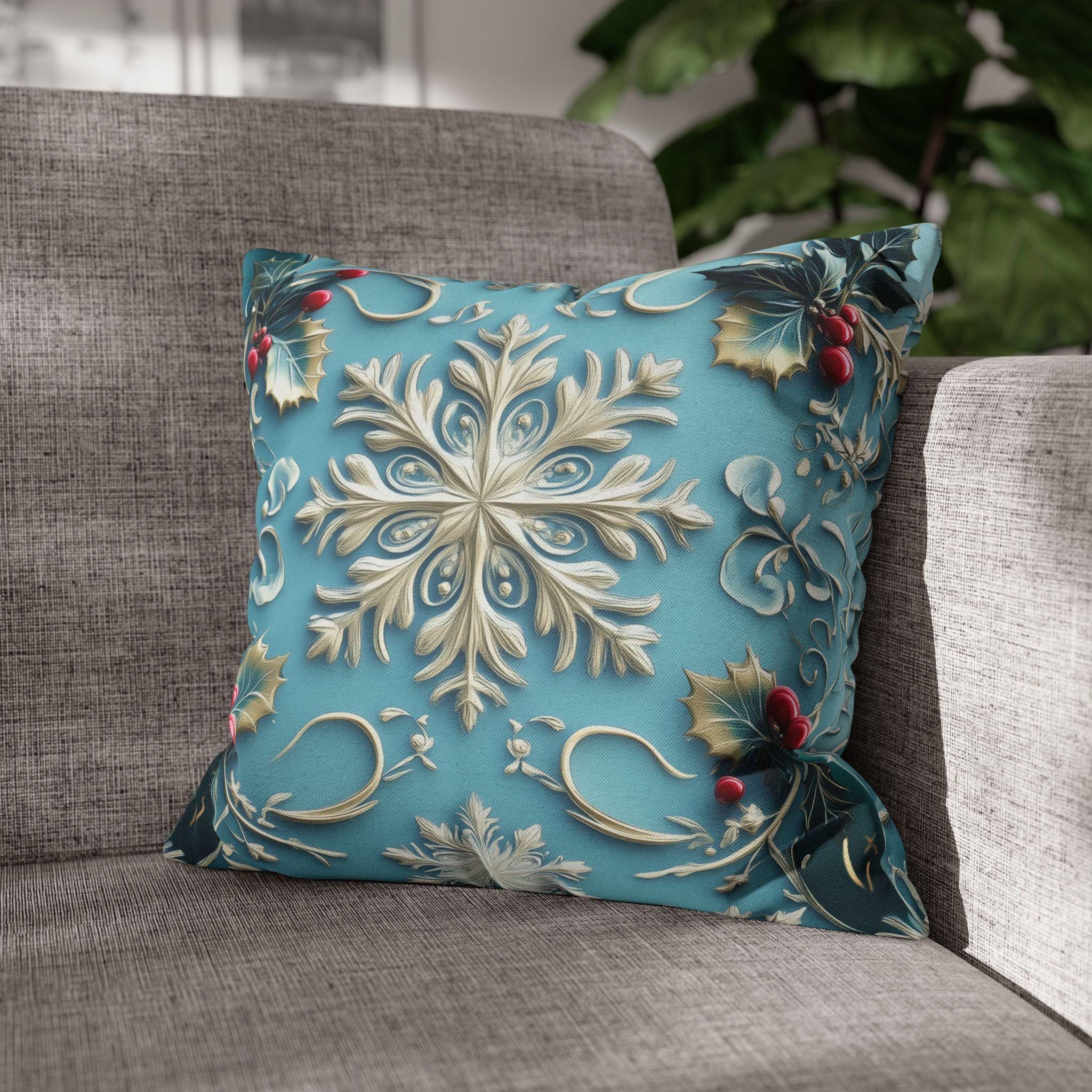 Snowflakes & Blue Christmas Pillow Cover Holly Leaves and Berries Design Gradient Blue Background