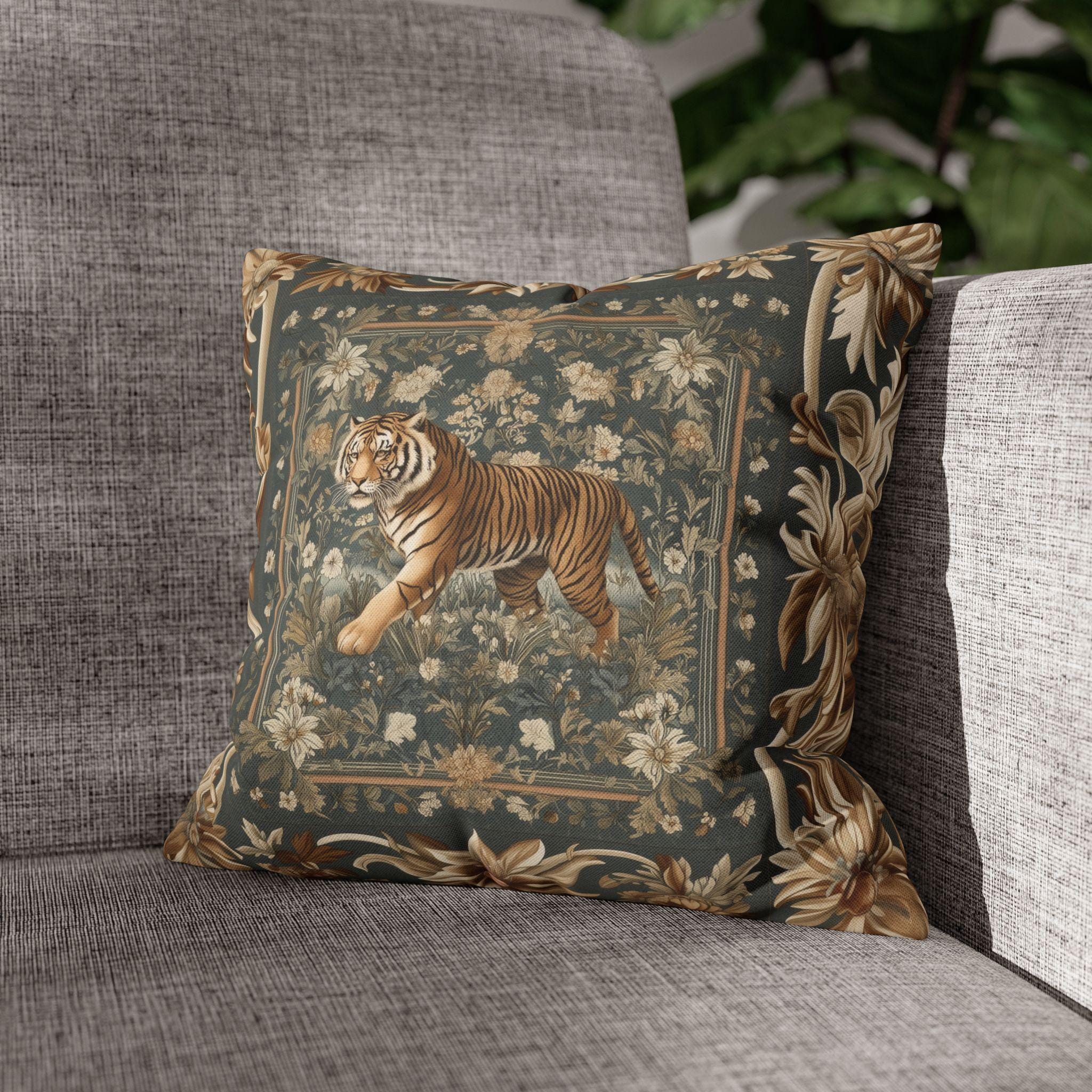 Tibetan Tiger Botanical Tapestry Pillow Cover: William Morris Inspired Garden Art