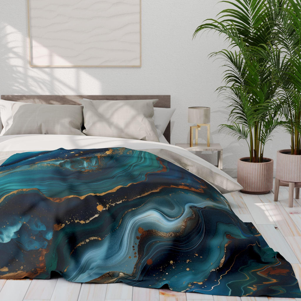 Ocean Waves Fleece Throw: Teal Navy & Gold Accent Blanket