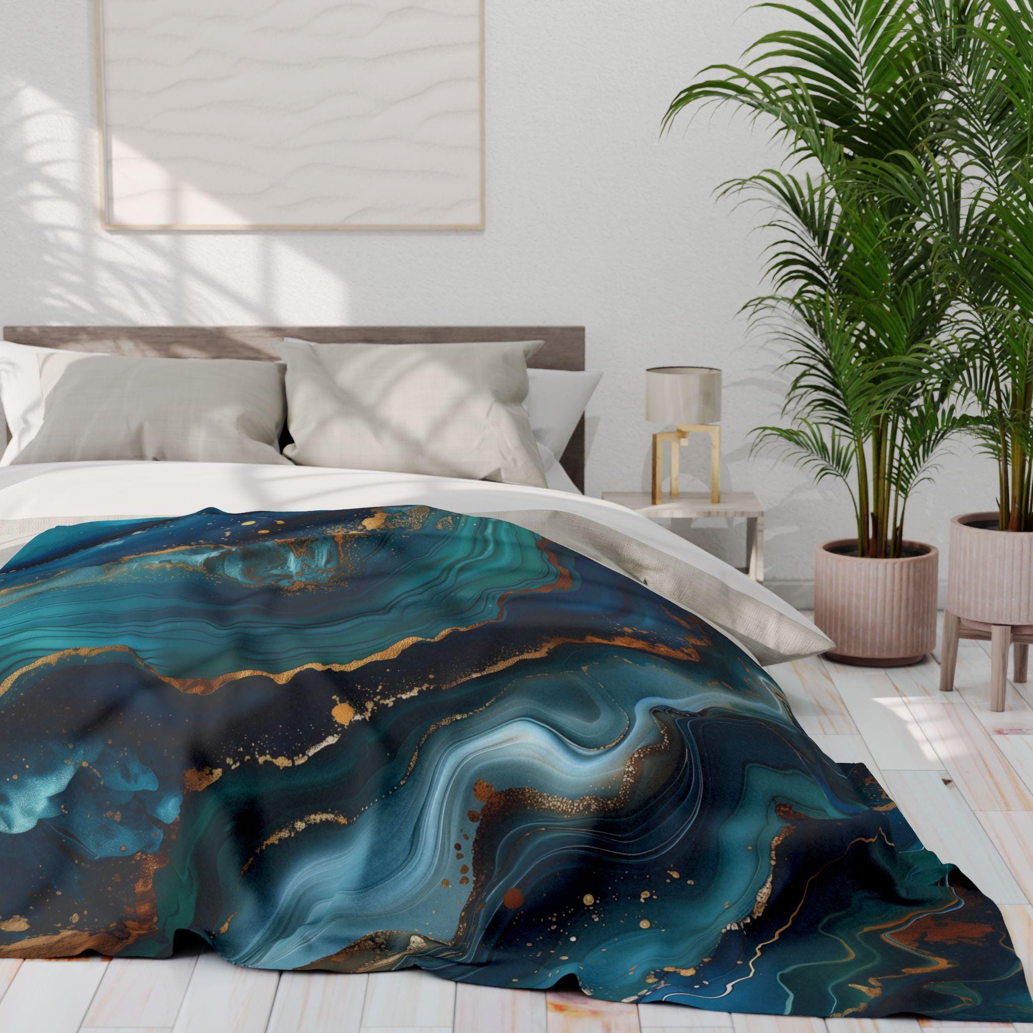 Ocean Waves Fleece Throw: Teal Navy & Gold Accent Blanket