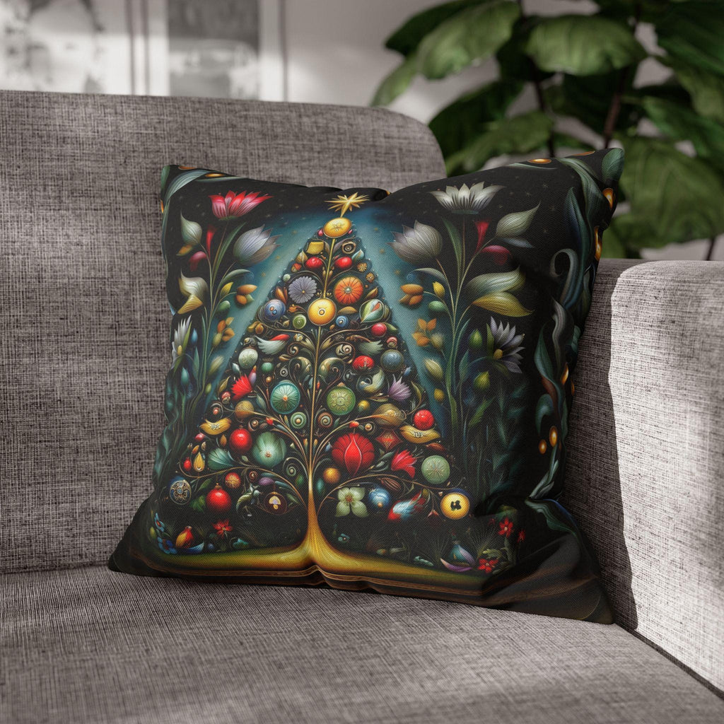 Jewel Tone Christmas Pillow Cover: Decorated Botanical Tree with Bright Ornaments and Florals