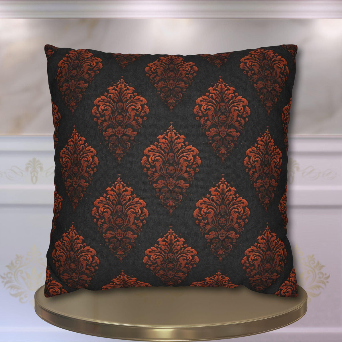 Halloween Damask Pillow Cover: Hidden Skulls in Black and Burnt Orange
