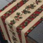 Striped Holly Christmas Table Runner: Red, Green, Cream Holiday Botanical Winter Decor