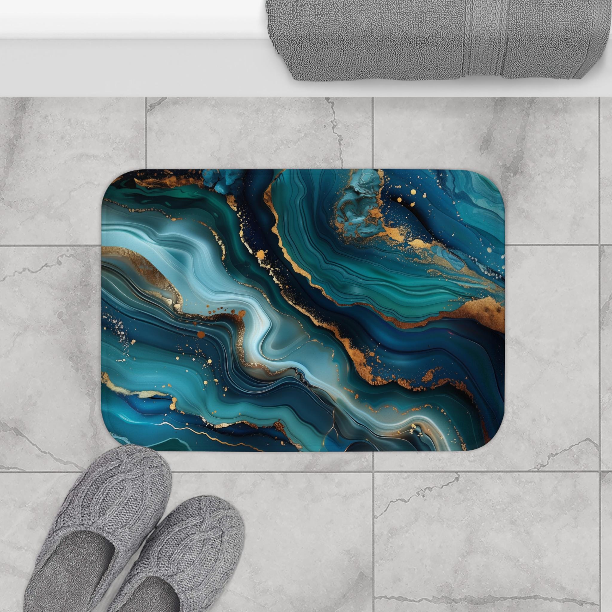 Elegant Teal & Gold Ocean Wave Bath Mat: Abstract Bathroom Decor, Luxury Spa Floor Accent