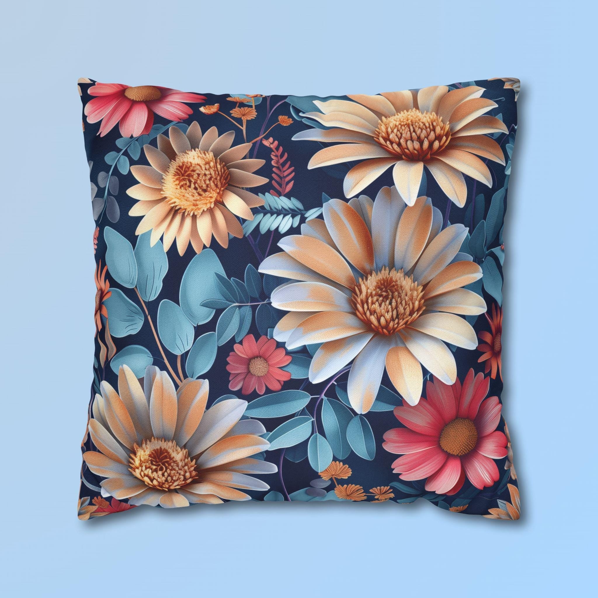 Vibrant Floral Pillow Cover | Peonies on Dark Blue | Colorful Home Decor Square Cushion Cover