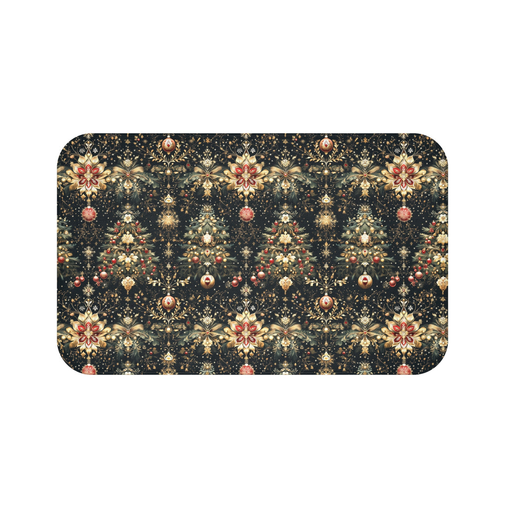 Christmas Tree Bath Mat: Luxe Gold Red & Green on Deep Charcoal Holiday Bath Decor