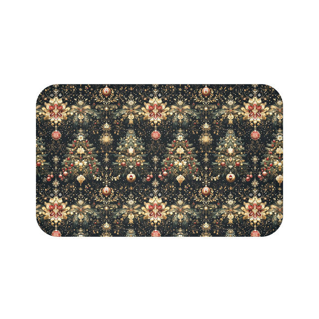 Christmas Tree Bath Mat: Luxe Gold Red & Green on Deep Charcoal Holiday Bath Decor