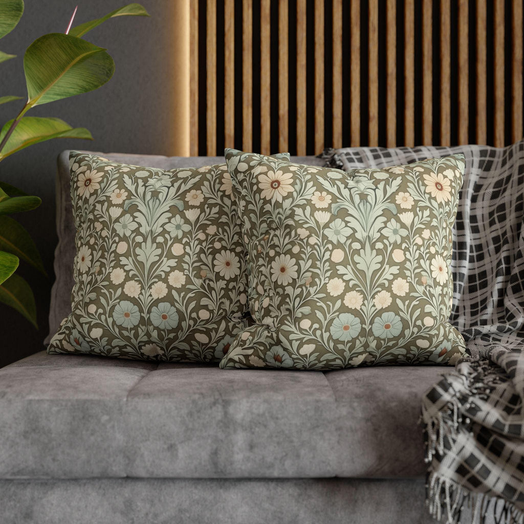 William Morris Inspired Botanical Pillow Cover: Sage, Cream & Peach Floral Pattern Cushion Case