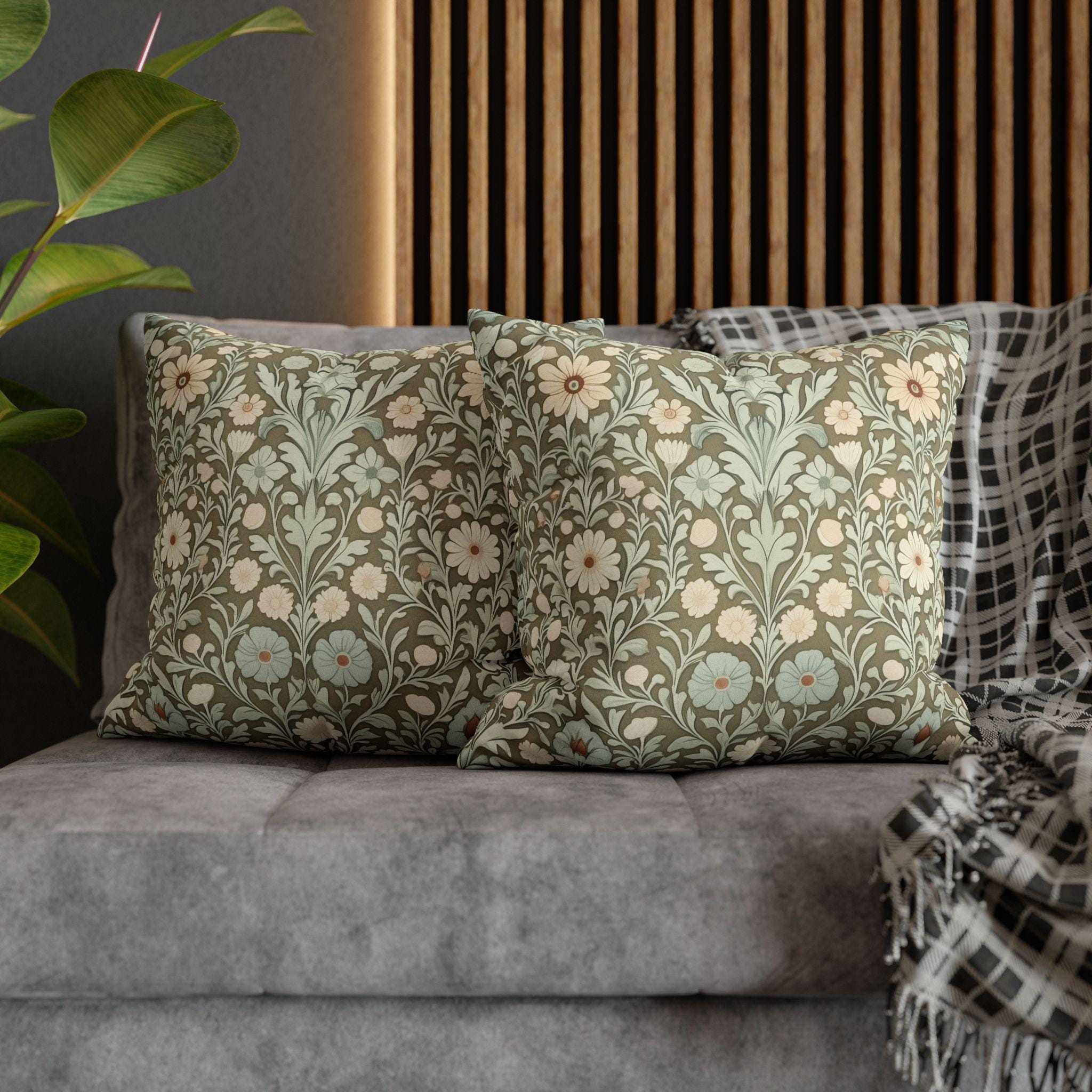 William Morris Inspired Botanical Pillow Cover: Sage, Cream & Peach Floral Pattern Cushion Case