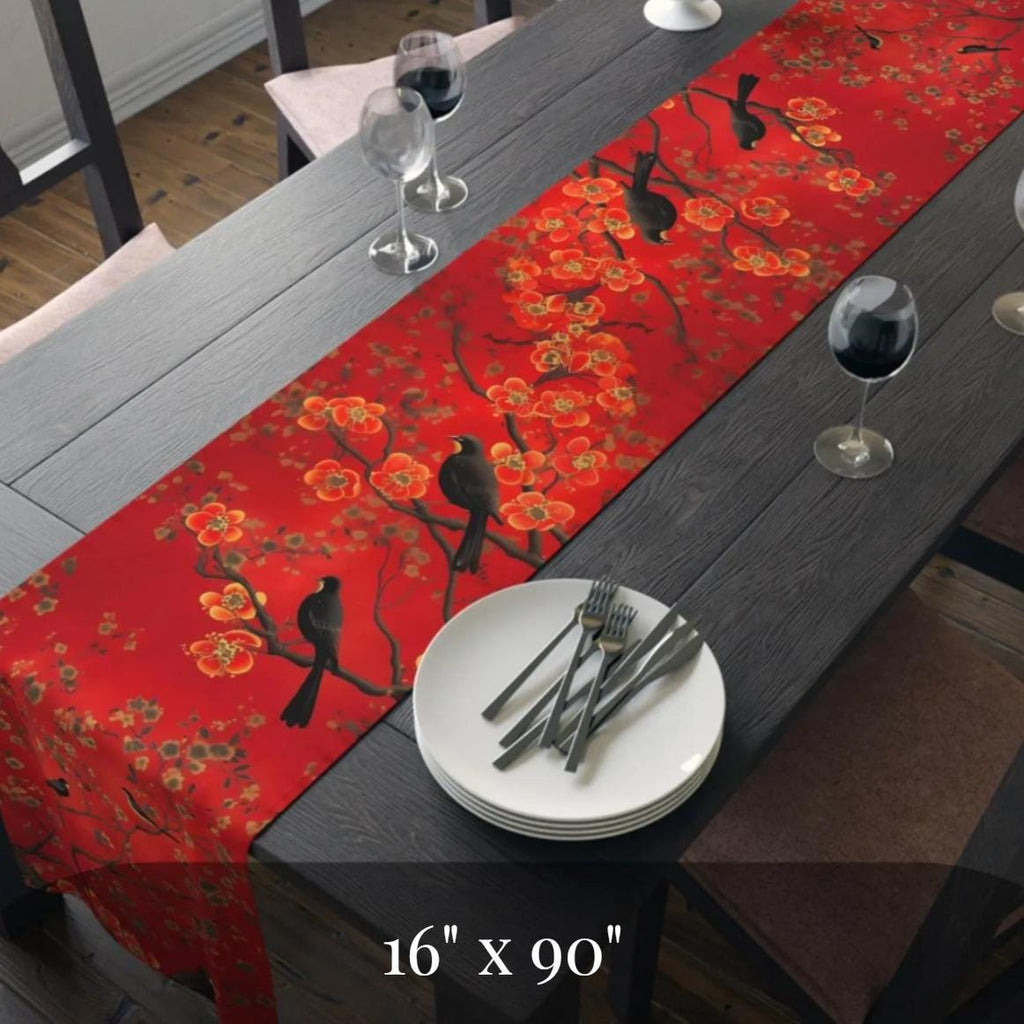 Elegant Red Chinoiserie Table Runner: Floral Branch with Black Birds for Asian-Inspired Dining Decor