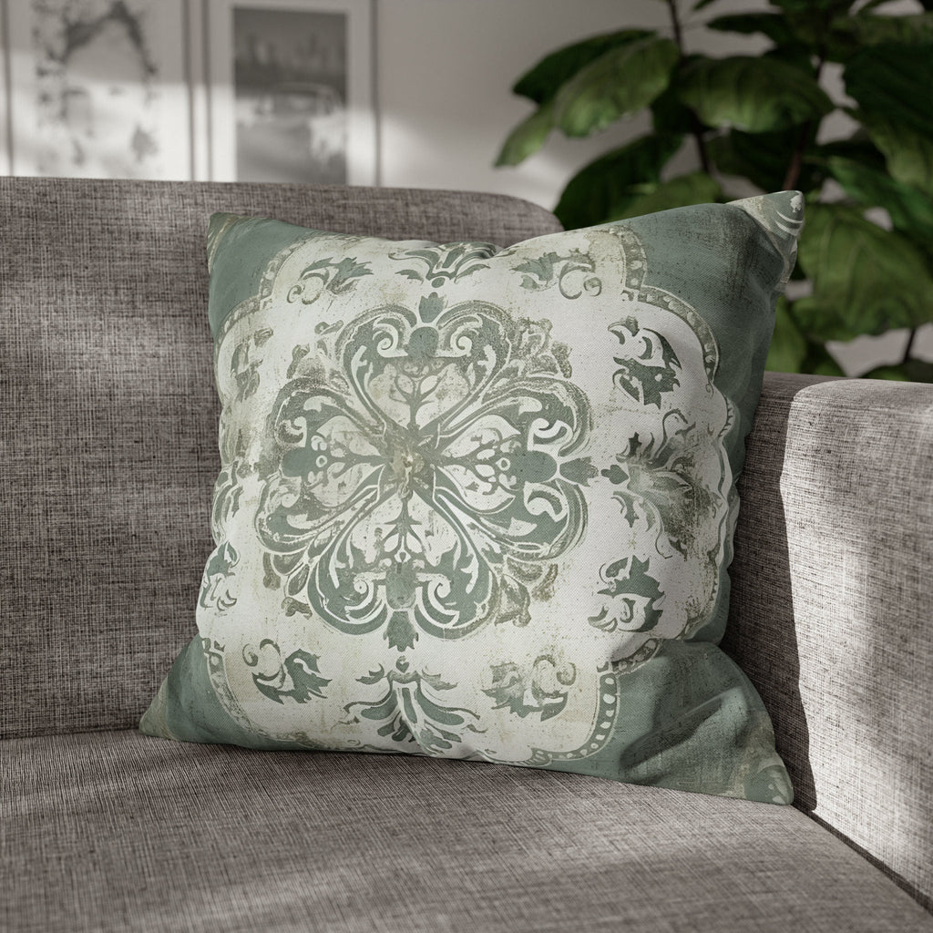 Vintage-Inspired French Farmhouse Pillow Cover: Faded White Medallion on Sage Green, Rustic Elegance