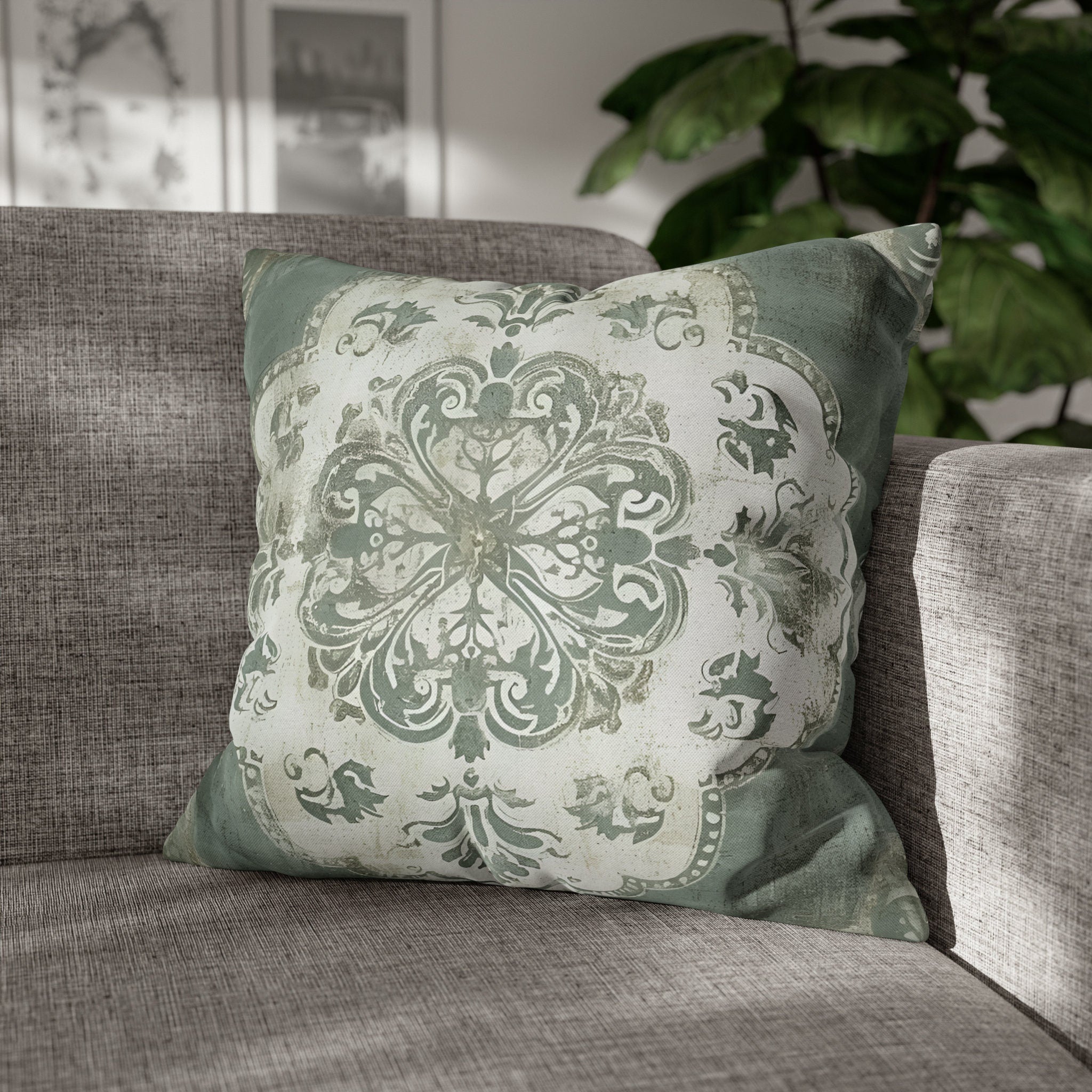 Vintage-Inspired French Farmhouse Pillow Cover: Faded White Medallion on Sage Green, Rustic Elegance