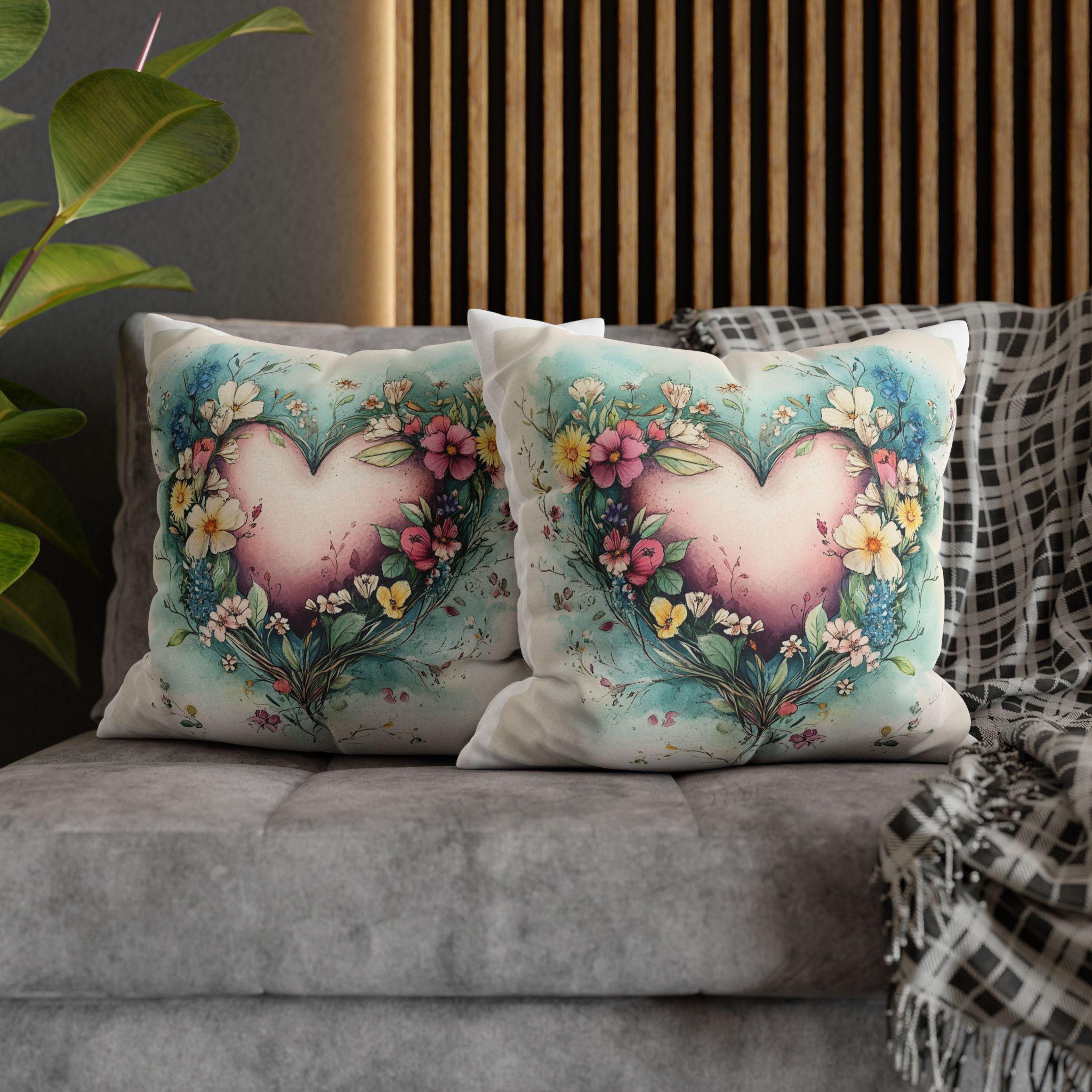 Heart-shaped Floral Wreath Pillowcase: Pastel Watercolor Cushion Cover for Romantic Home Decor