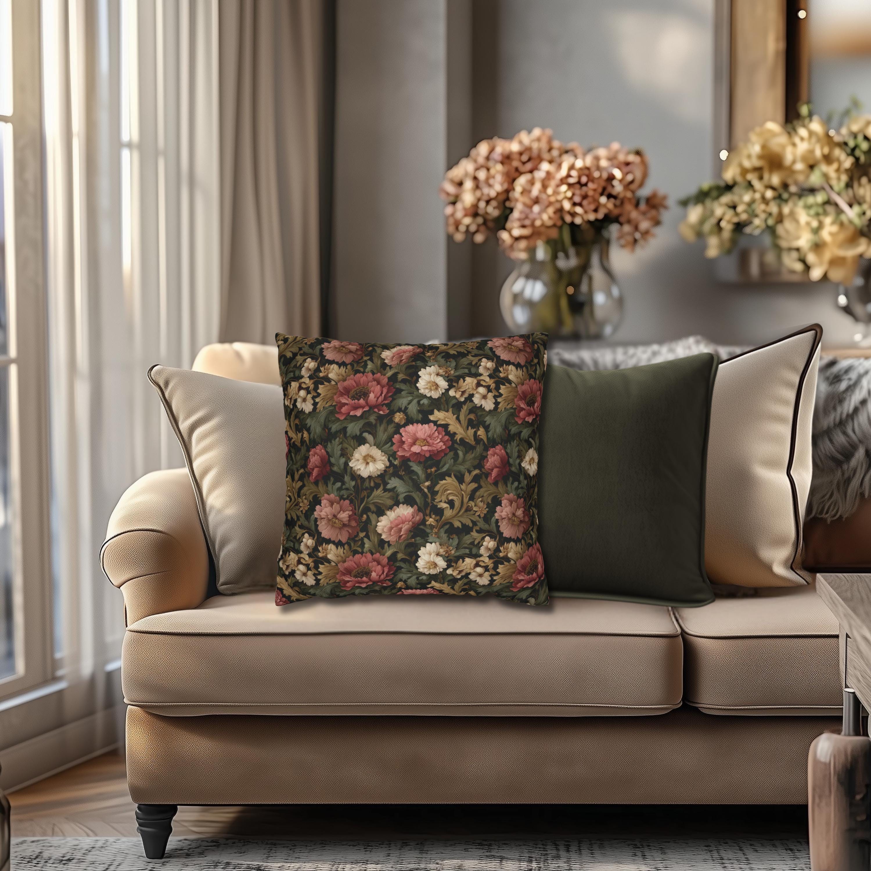 Dusty Rose & Ivory Victorian Pillow Cover:  William Morris Dark Cottagecore Moody Blooms