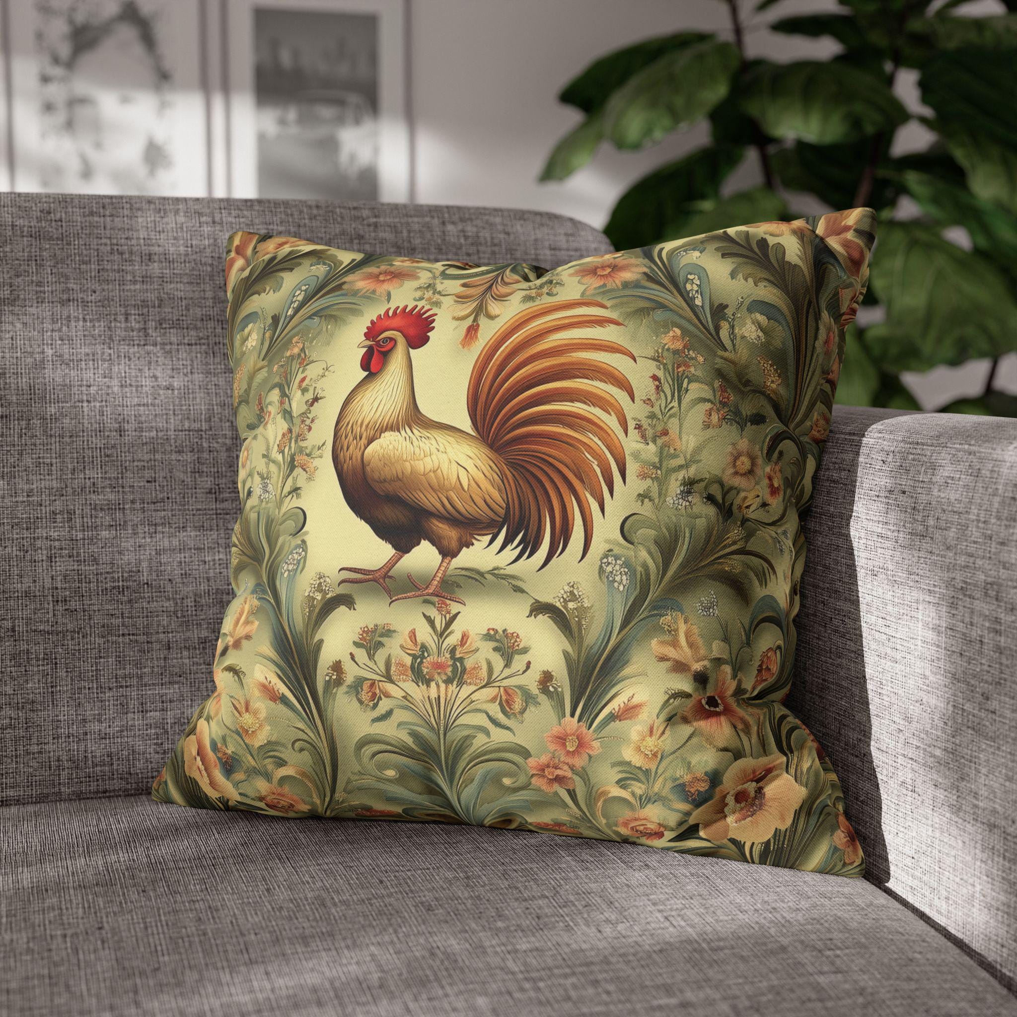 Vintage Style Rooster Farmhouse Pillowcase: Rustic Floral Botanical Cushion Cover for Country Home Decor