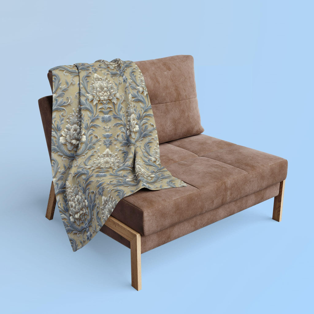Damask Floral Fleece Throw Blanket: Elegant Pale Gold, Blue & Ivory