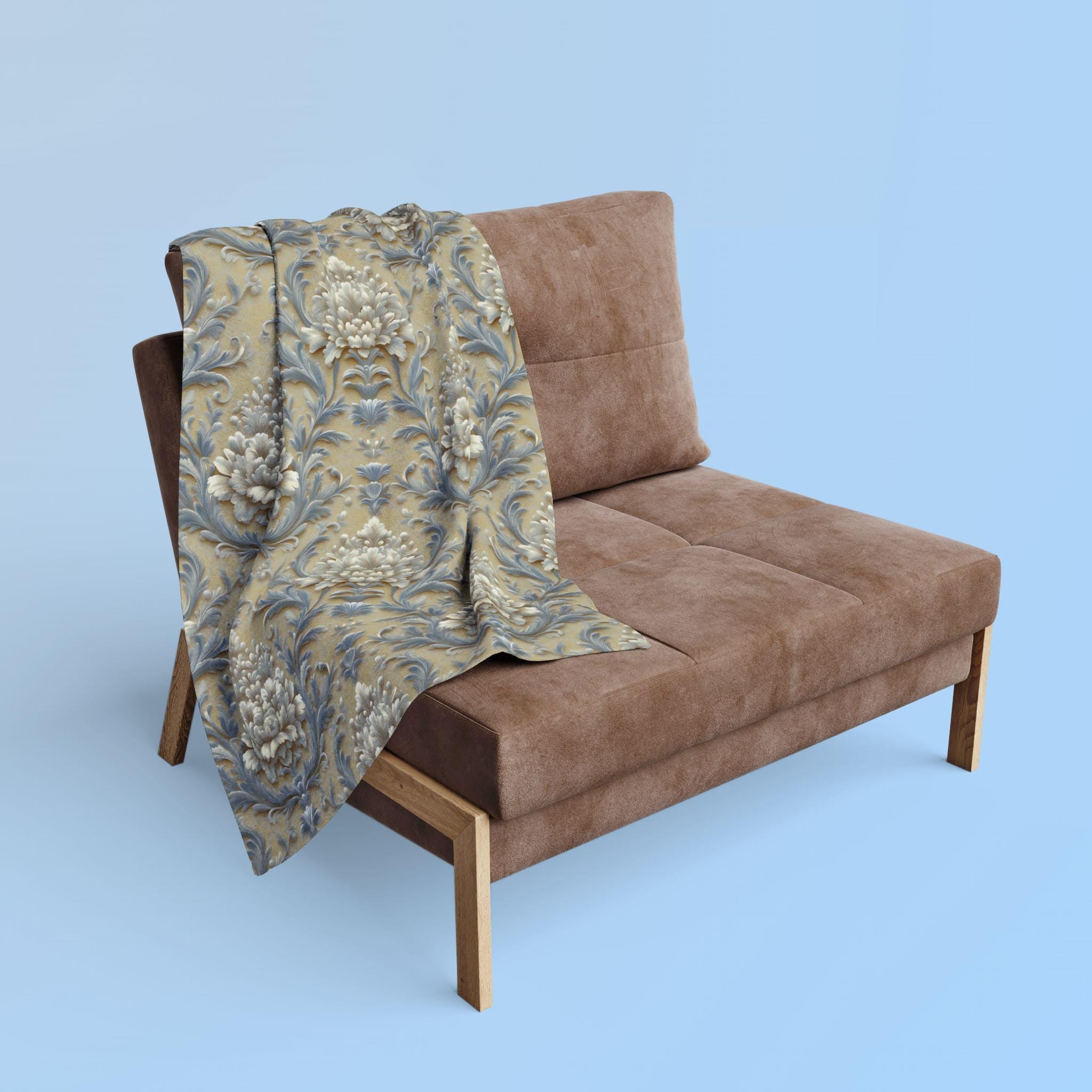 Damask Floral Fleece Throw Blanket: Elegant Pale Gold, Blue & Ivory