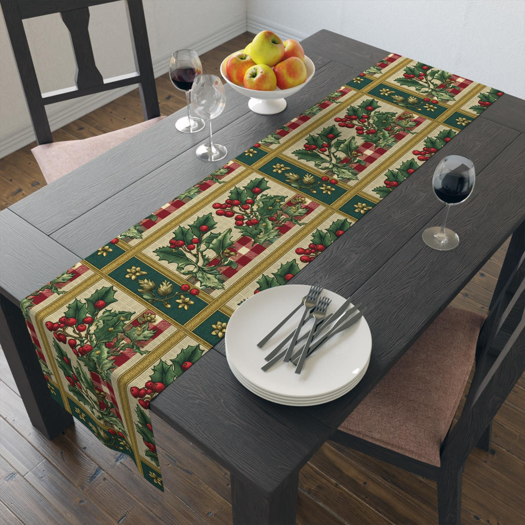 Gingham & Holly Christmas Table Runner: Classic Vintage Holiday Style with Stripes