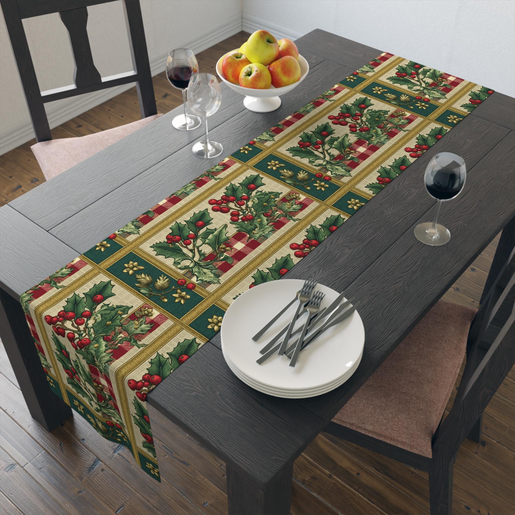 Gingham & Holly Christmas Table Runner: Classic Vintage Holiday Style with Stripes