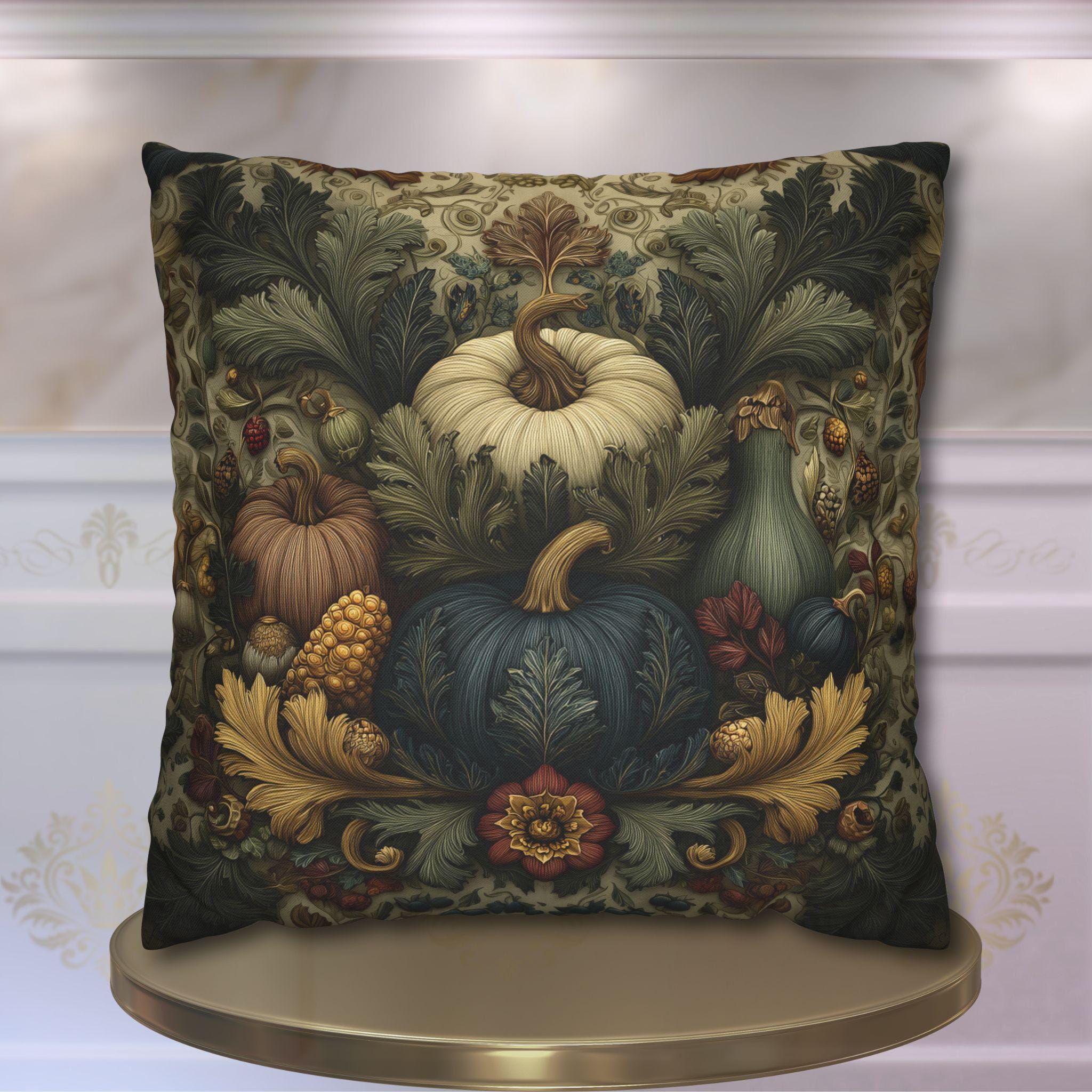 William Morris Inspired Autumn Harvest Tapestry Pillow Cover: Deep Teal with Ivory Blue & Gold